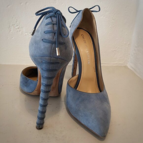 CHLOE GOSSELIN Periwinkle Blue Suede D’Orsay Back Lace Stiletto Pumps, Sz. 10 - Picture 1 of 15